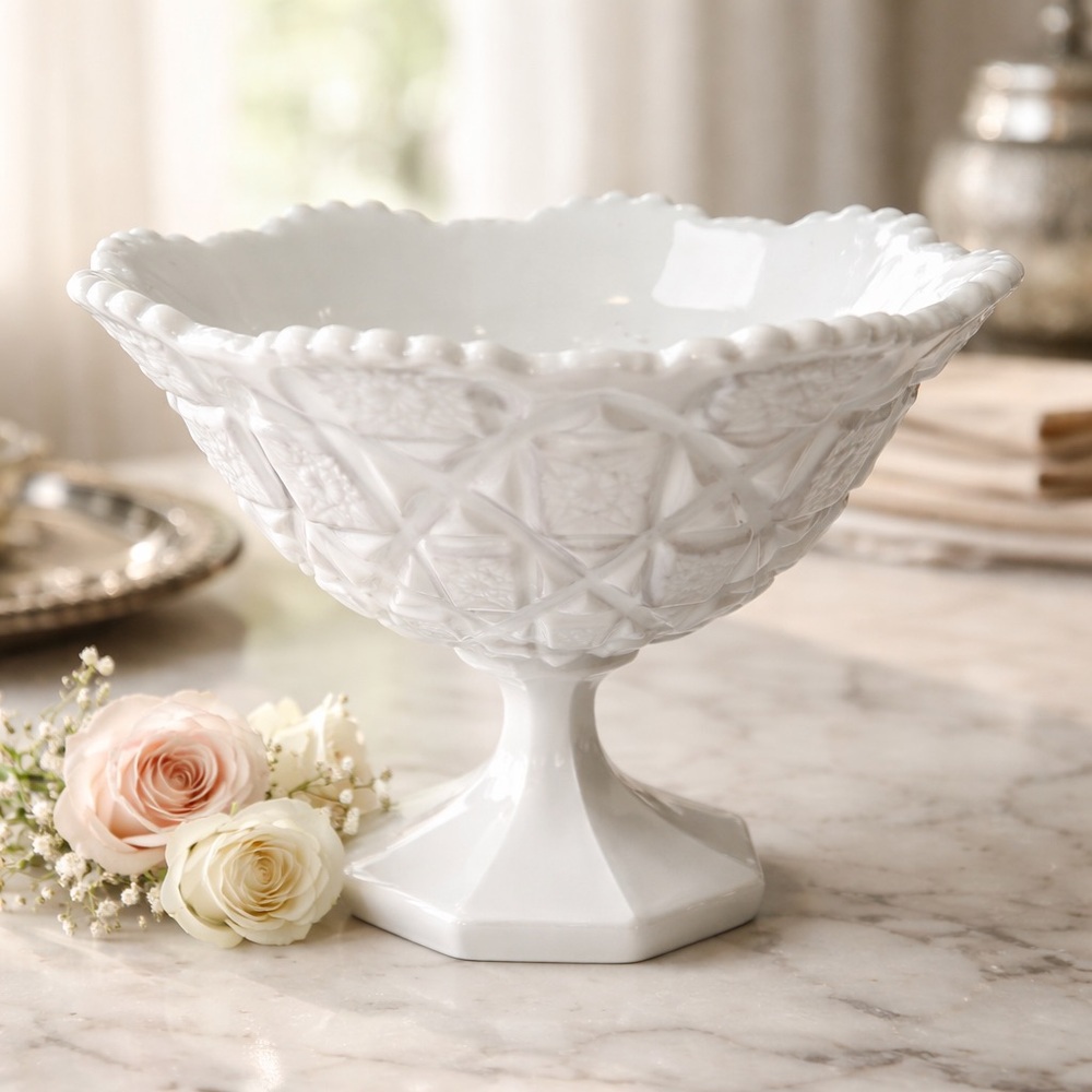Westmoreland "Old Quilt" Checkerboard Pattern Milk Glass Pedestal Compote
